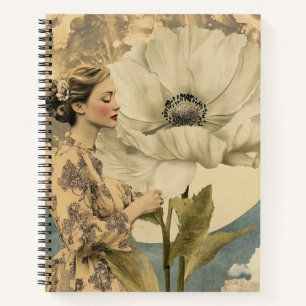 Moonlit Beauty - Frau mit weißer Blume und Mond Notizbuch