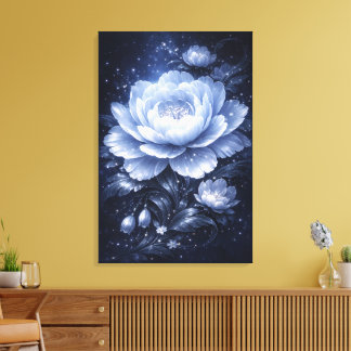 Moonlit Bloom – Art mural floral bleu lumineux