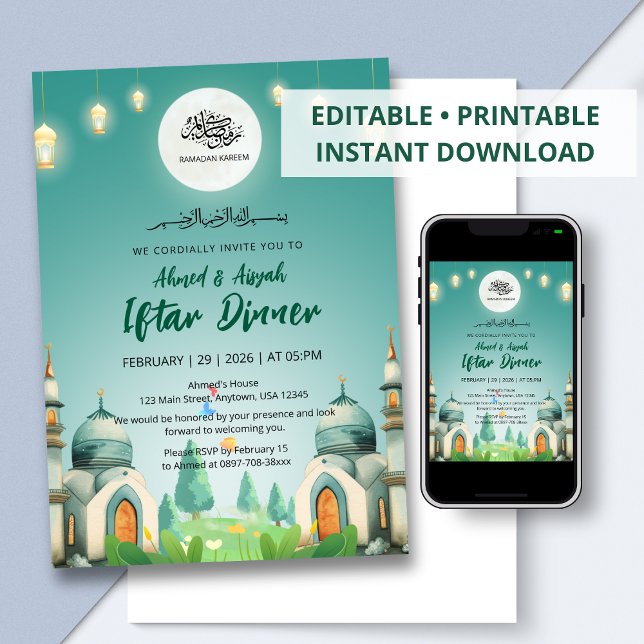 Moonlit Blue Mosque Ramadan Iftar Invitation Einladung (Von Creator hochgeladen)