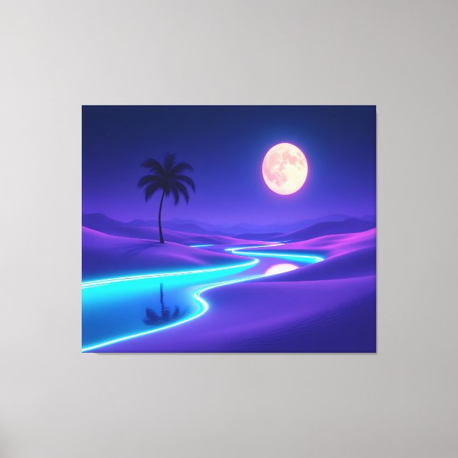 Moonlit Blue Oasis – Dreamy Desert Night Landscape Leinwanddruck (Vorderseite)