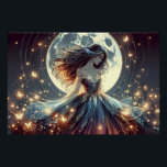 Moonlit Butterfly Enchantress Fantasy Poster<br><div class="desc">A luminous fantasy scene captures a serene feminine figure standing before a radiant full moon, surrounded by drifting golden butterflies and glowing stardust. Her flowing gown fans outward like liquid moonlight, layered with delicate botanical textures and soft celestial shimmer. Long windswept hair moves gently through the night air, echoing the...</div>