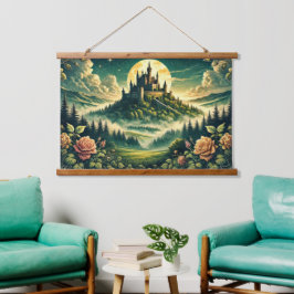 "Moonlit Castle Dreamscape" verzaubert Wandteppich Mit Holzrahmen