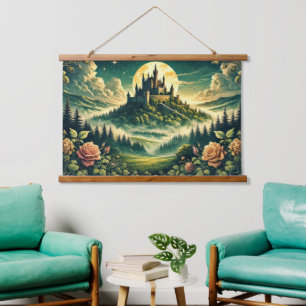 "Moonlit Castle Dreamscape" verzaubert Wandteppich Mit Holzrahmen