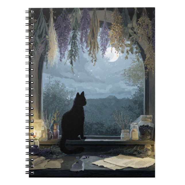 Moonlit Cat Herbal Window Notebook Notizblock (Vorderseite)