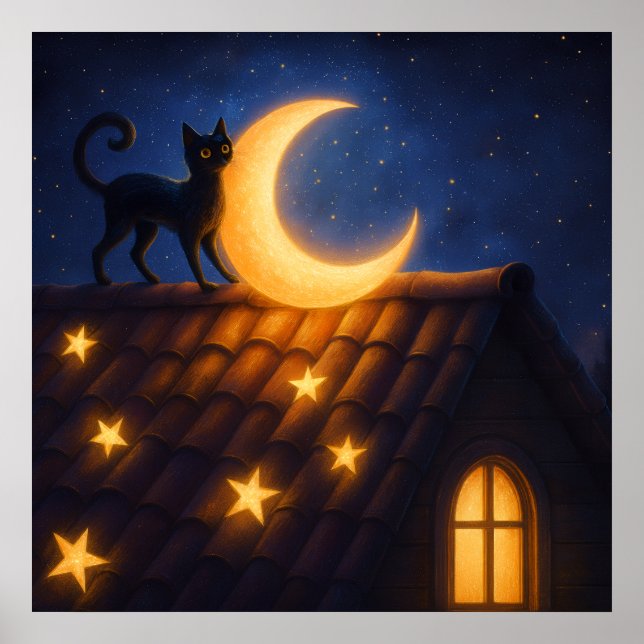 Moonlit Cat on Starry Rooftop Poster (Vorne)