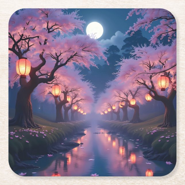 Moonlit Cherry Blossom Lanterns - Anime Landschaft Rechteckiger Pappuntersetzer (Vorderseite)