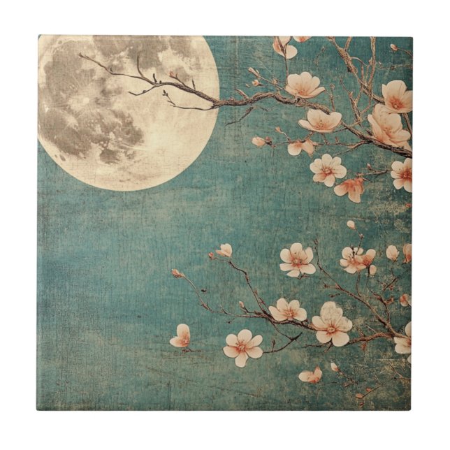 Moonlit Cherry Blossom Serenity Fliese (Vorderseite)
