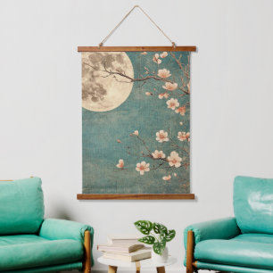 Moonlit Cherry Blossom Serenity Wandteppich Mit Holzrahmen