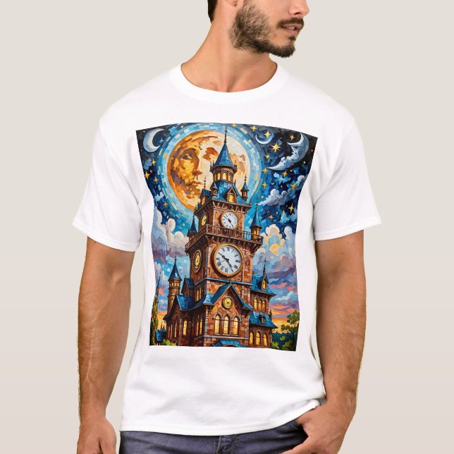 Moonlit Clocktower T - Shirt Mosaik Retro Magie (Vorderseite)
