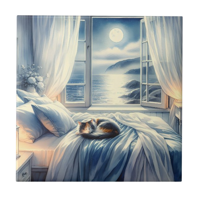 Moonlit Coastal Bedroom with Sleeping Cat Fliese (Vorderseite)