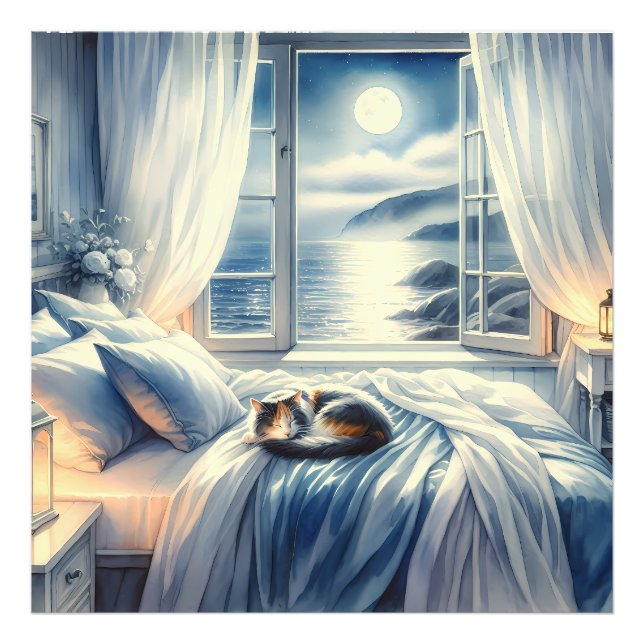 Moonlit Coastal Bedroom with Sleeping Cat Fotodruck (Vorne)