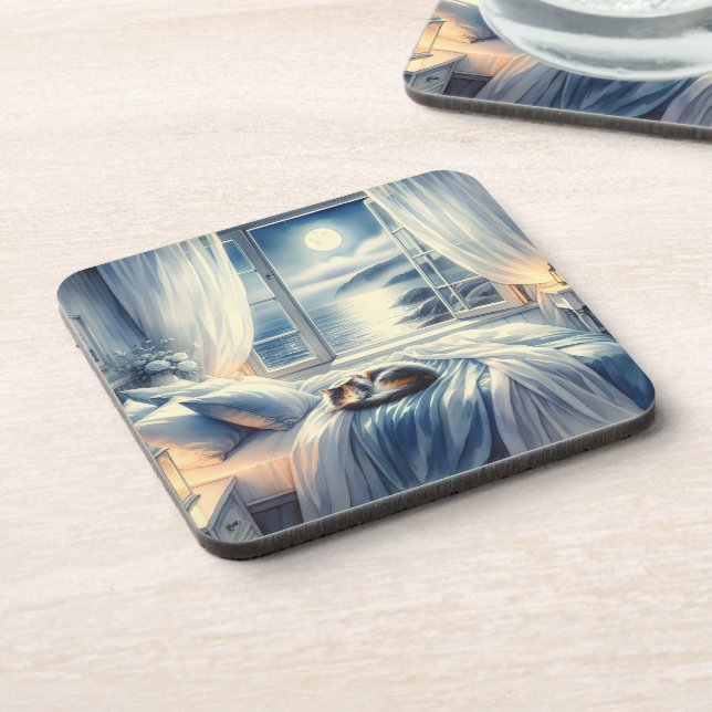 Moonlit Coastal Bedroom with Sleeping Cat Getränkeuntersetzer (Linke Seite)