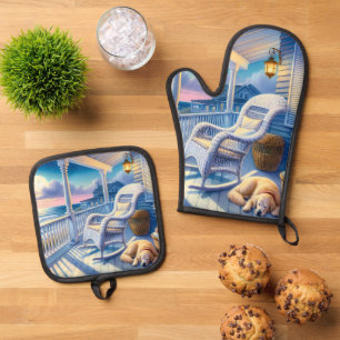 Moonlit Coastal Porch mit Hund & Ocean View Ofenhandschuh & Topflappen-Set