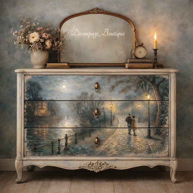 Moonlit Couple Walking Riverside Path Decoupage Seidenpapier (Moonlit Couple Walking Riverside Path Decoupage Tissue Paper Mockup)