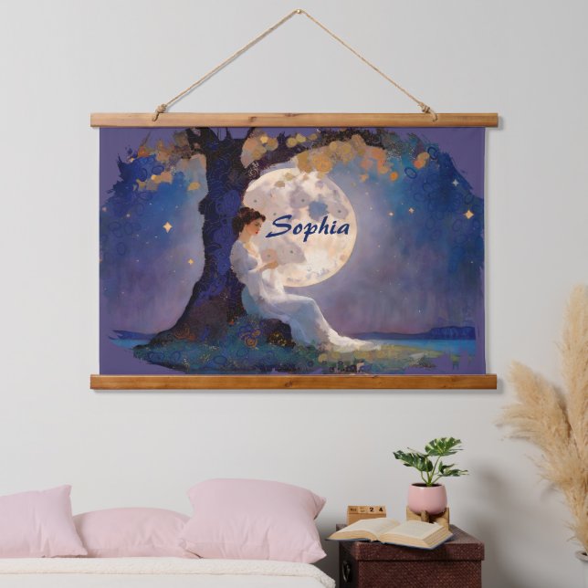 Moonlit Dreamer - Serene Night Sky Wandteppich Mit Holzrahmen (Schlafzimmer)