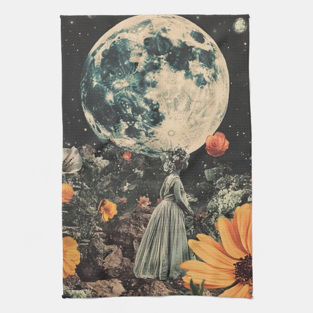 Moonlit Elegance - Frau mit Mond (3) Geschirrtuch (Vertikal)
