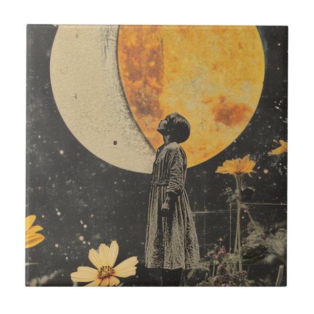 Moonlit Elegante - Frau mit dem Mond Fliese (Vorderseite)
