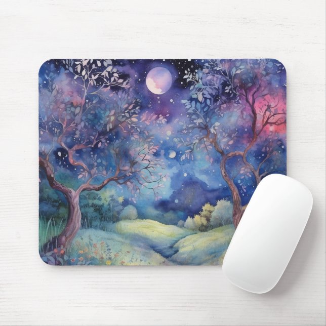 Moonlit Enchanted Forest Nightscape Mousepad (Mit Mouse)