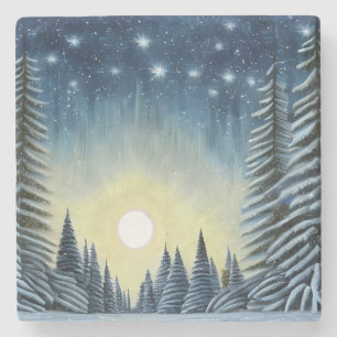 Moonlit Evergreen Snowscape Under The Night Stars Steinuntersetzer