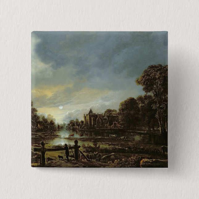Moonlit Fluss-Landschaft mit Hütten Button (Vorderseite)
