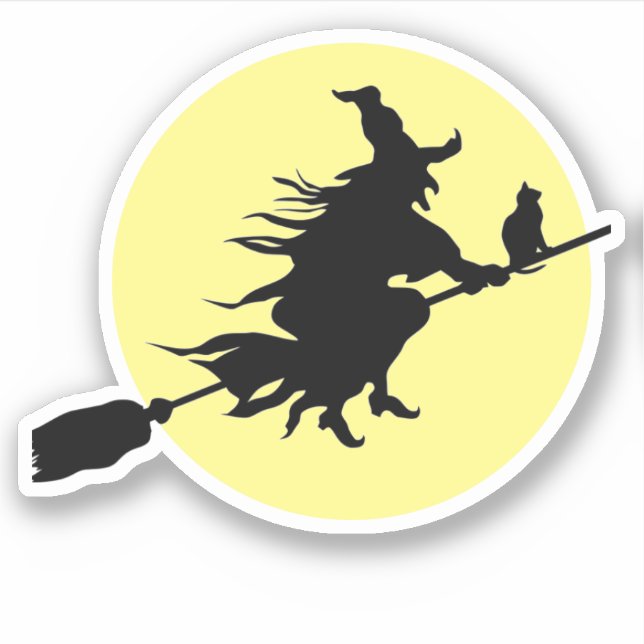 Moonlit Flying Witze auf Broom mit Cat-Silhouette Aufkleber (Vorderseite)