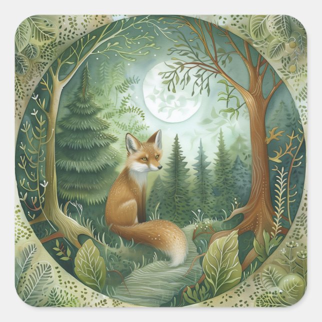 Moonlit Forest Fox Quadratischer Aufkleber (Vorderseite)