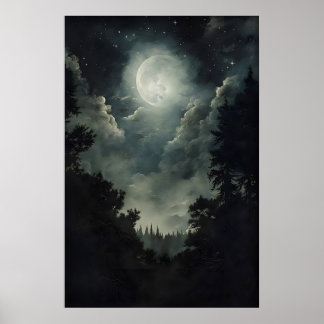 Moonlit Forest Print, Gothic Witchy Decor, Dark Poster