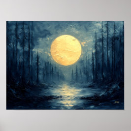 Moonlit Forest Reflection - Abstrakt Blue & Gold Poster