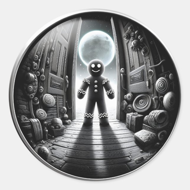 Moonlit Gingerbread Besucher vor der Tür | Fisheye Runder Aufkleber (Vorderseite)