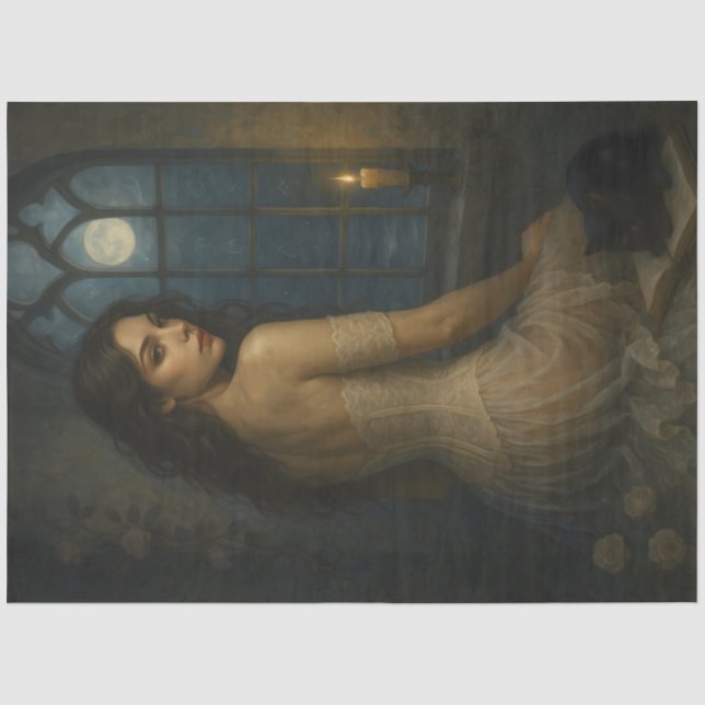 Moonlit Gotische Dame mit schwarzer Katze - Hexe Seidenpapier (Vorderseite)