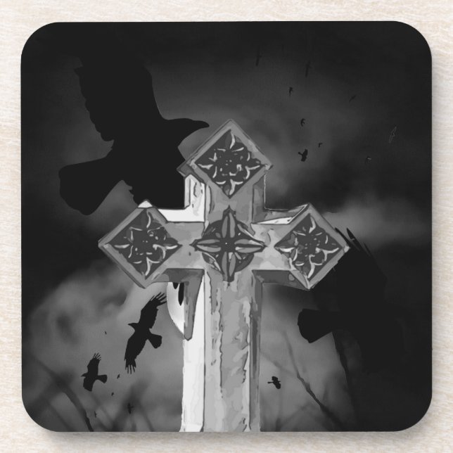 Moonlit GraveYard Gothic Cross mit Krähen Getränkeuntersetzer (Vorderseite)