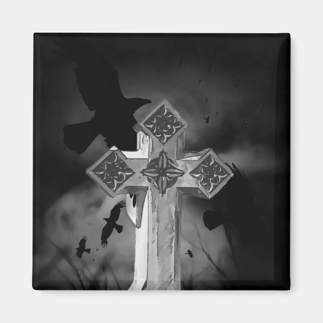 Moonlit GraveYard Gothic Cross mit Krähen Magnet (Vorne)