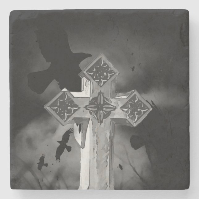 Moonlit GraveYard Gothic Cross mit Krähen Steinuntersetzer (Vorderseite)