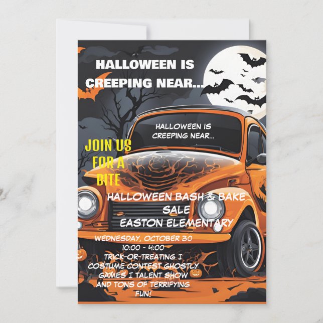 Moonlit Halloween Bash Einladung mit Orange Car (Vorderseite)