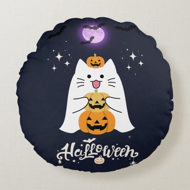 Moonlit Halloween Cat – Spooky & Sweet Night Rundes Kissen (Vorderseite)