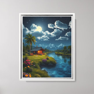Moonlit Hütte am Fluss - Naturschutz Leinwanddruck