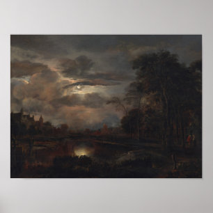 Moonlit Landschaft mit Brücke Poster