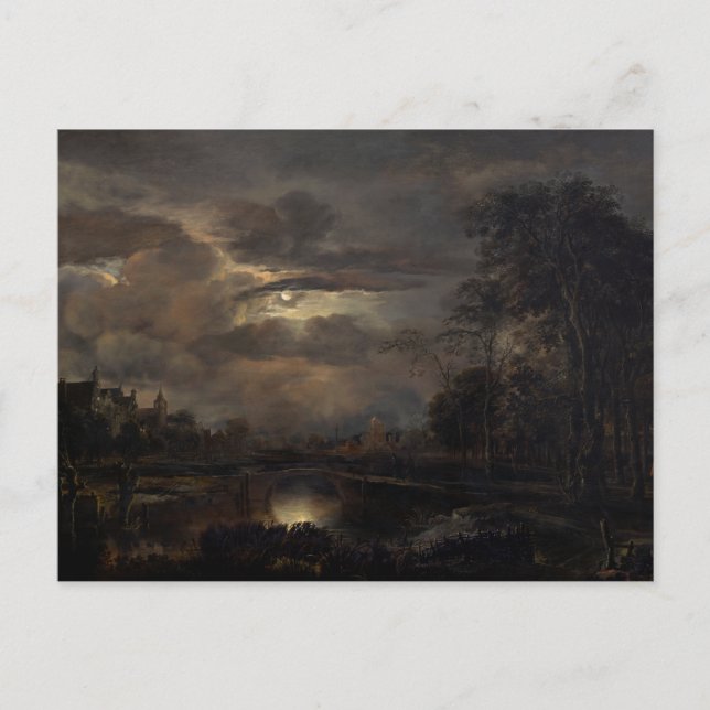 Moonlit Landschaft mit Brücke Postkarte (Vorderseite)