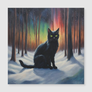 Moonlit Magic: Eine schwarze Katze im Schneewald Magnetkarte