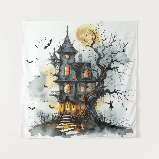 Moonlit Malice: Das Hexenhour-Manor-Halloween Wandteppich (Vorderseite)