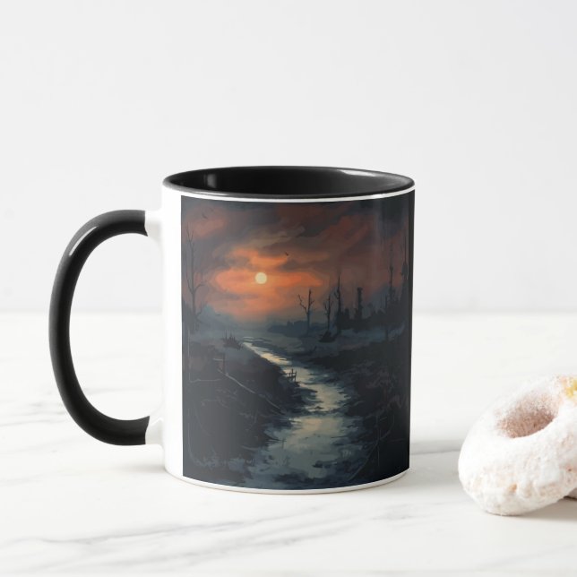 Moonlit Menace: Der Spuk Schwarzwald bei Dämmerung Tasse (Mit Donut)