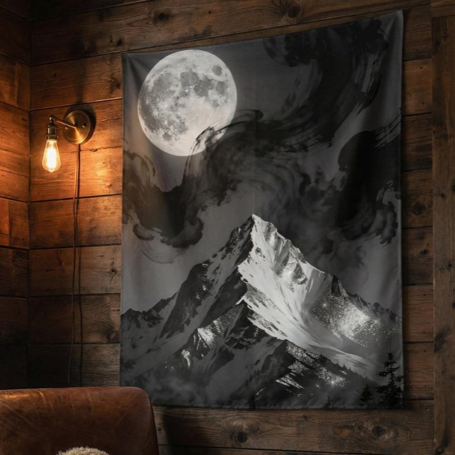 Moonlit Mountain Tapestry | Dark Ink Clouds  Wandteppich (Von Creator hochgeladen)