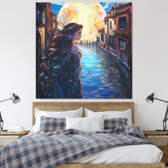 Moonlit Muse in Venice – Fantasy Canvas Wall Art Leinwanddruck (Insitu (Schlafzimmer))