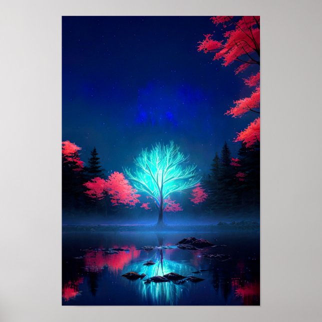 Moonlit Mystery, der geheimnisvolle Baum in Blau g Poster (Vorne)