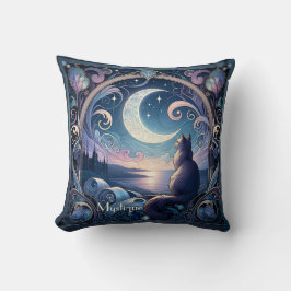 Moonlit Night Cat Fantasy Blue Art Nouveau Design Kissen