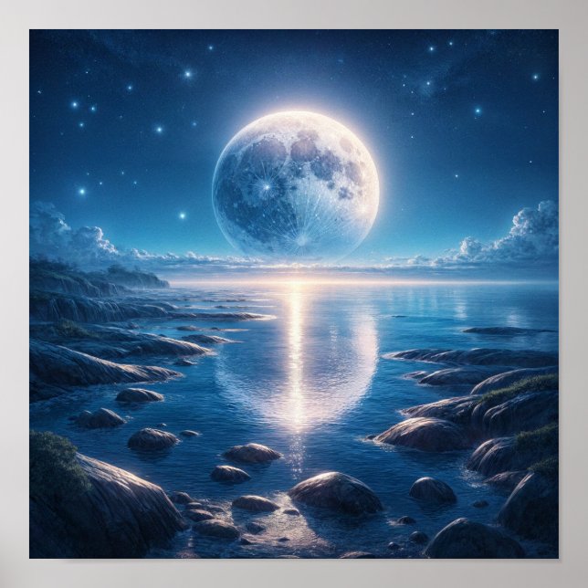 Moonlit Ocean Under Starry Sky Poster (Vorne)