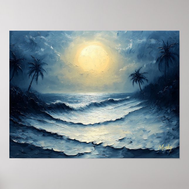 Moonlit Ocean Waves - Abstrakte Seascape mit Palme Poster (Vorne)