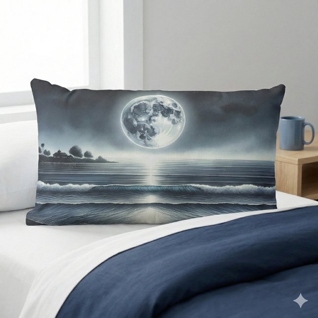 Moonlit Ocean Waves Celestis Night Sky Lendenkissen (Moonlit Ocean Waves Celestial Night Sky Lumbar Pillow Mockup A)