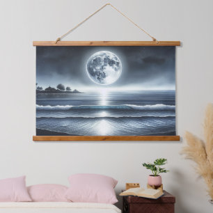 Moonlit Ocean Waves Celestis Night Sky Wandteppich Mit Holzrahmen