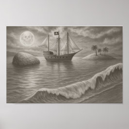 Moonlit Pirate Ship Drawing – Nautical Fantasy Poster